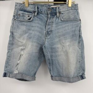 AllSaints Shorts Mens 28 Light Wash Blue Denim Switch Distressed Cuffed Raw Hem